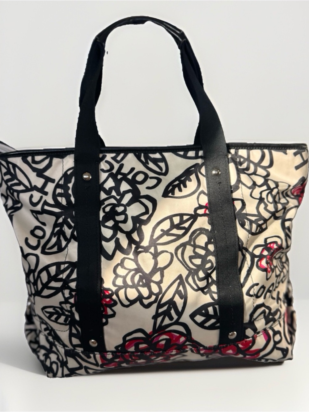 Coach Black and White Floral Tote with Red Accents